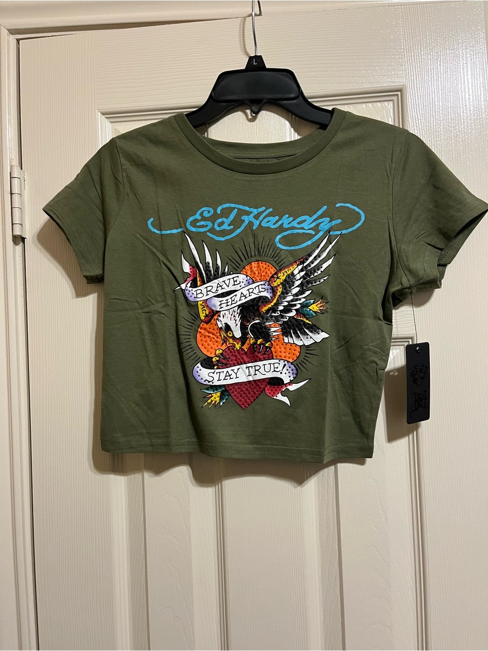 Ed Hardy Olive Green Tattoo-Graphic Crop Tee with Turquoise Logo